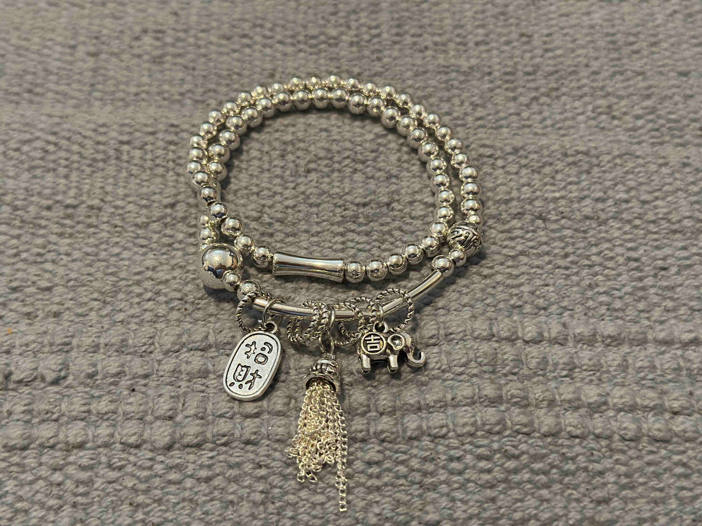 Handmade Tibetan Silver Double-Wrap Bracelet with Fortune Charms