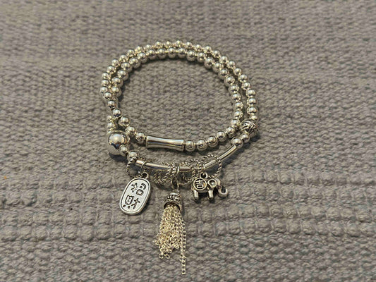 Handmade Tibetan Silver Double-Wrap Bracelet with Fortune Charms